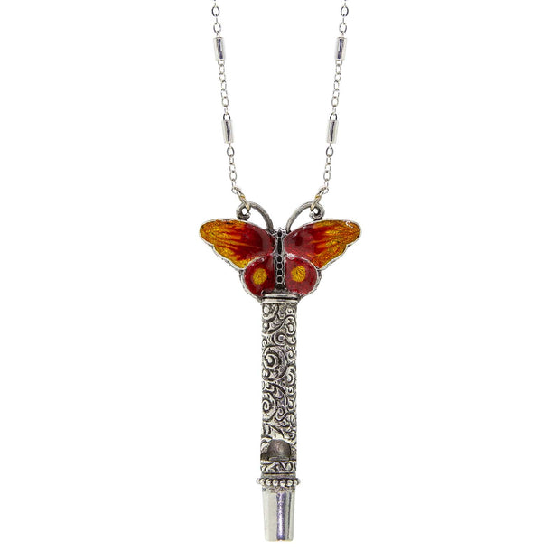 Pewter Whistle Enamel Butterfly Necklace 30 In