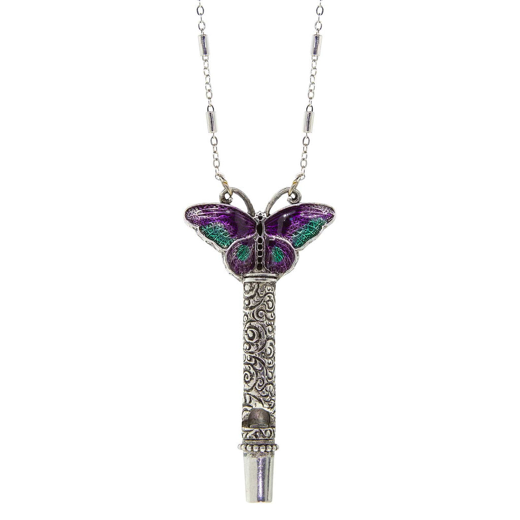 Pewter Whistle With Purple & Green Enamel Butterfly Necklace 30
