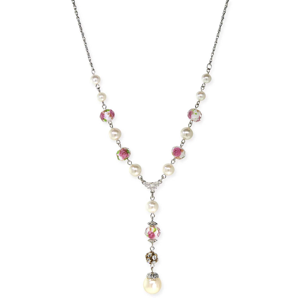 White And Pink Flower Beaded Drop Y Necklace 16 - 19 Inch Adjustable