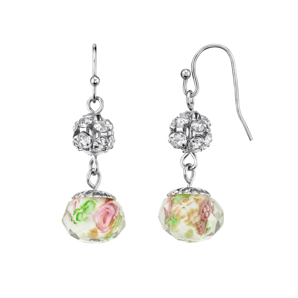 Fireball Crystals Pink And White Flower Bead Drop Silver Tone Dangling Wire Earrings