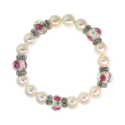 White Pink Flower Bead Crystal Stretch Bracelet