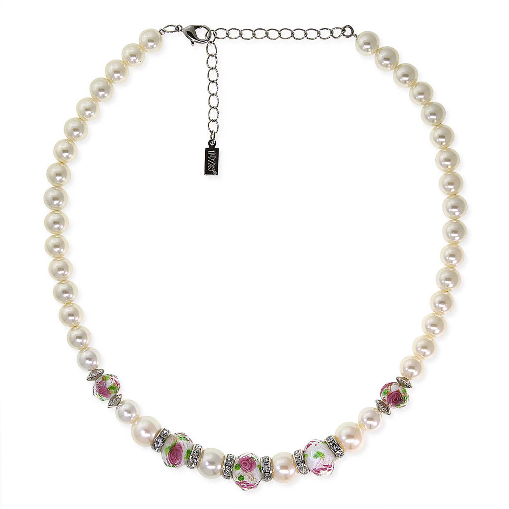 Pink Flower Bead Crystal Faux Pearl Necklace 15" + 3" Extender