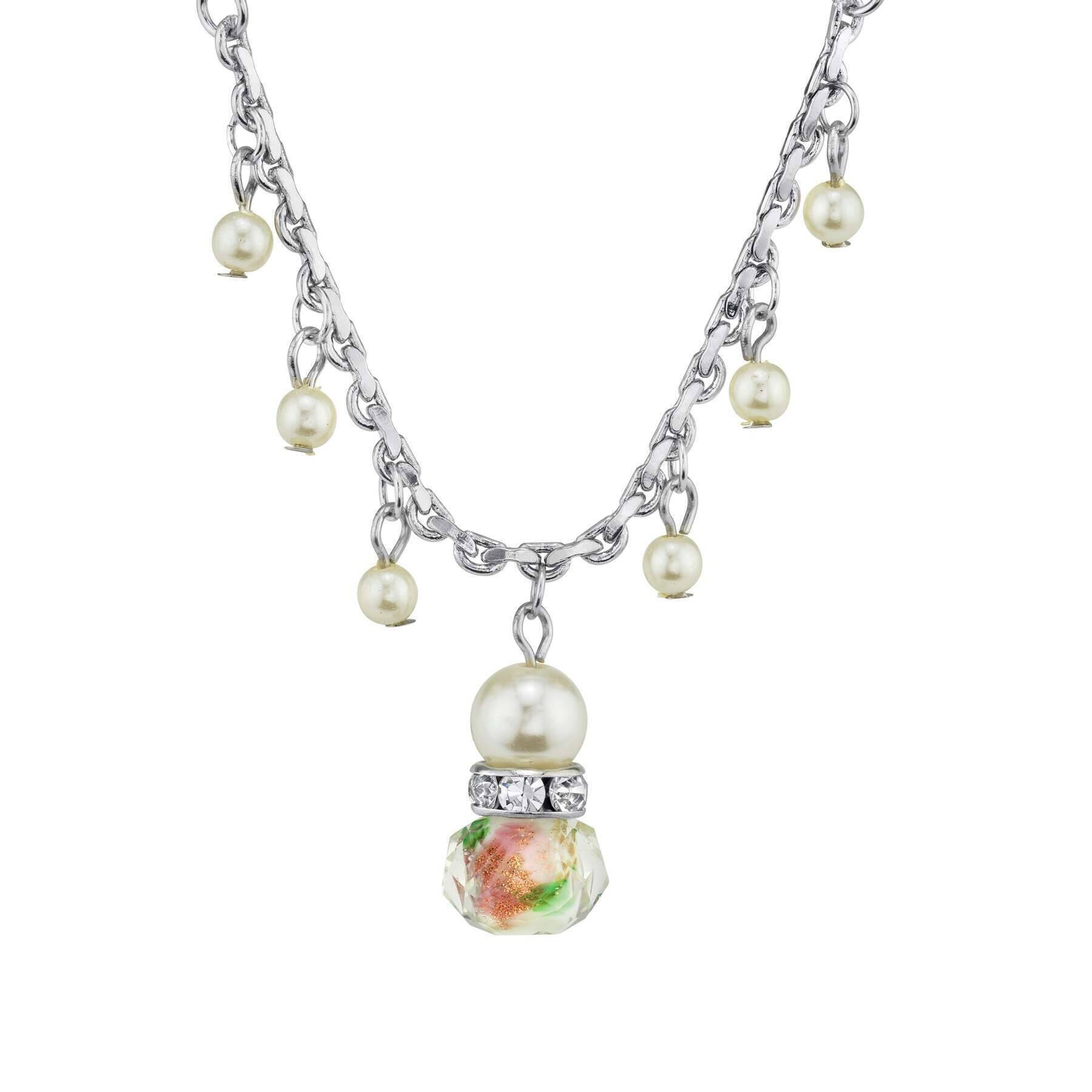 1928 Jewelry Pink Flower Beaded Drop Pendant Necklace 16" + 3" Extender