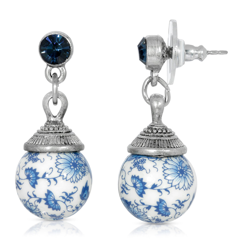 Round Blue Willow Beaded Post Drop Earring
