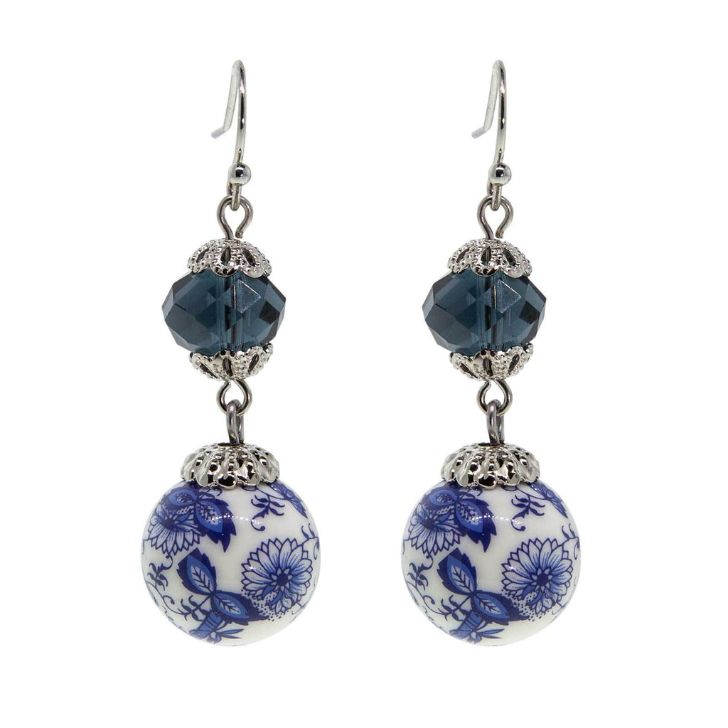 Silver Tone Dark Blue And Blue Willow Beaded Drop Earring