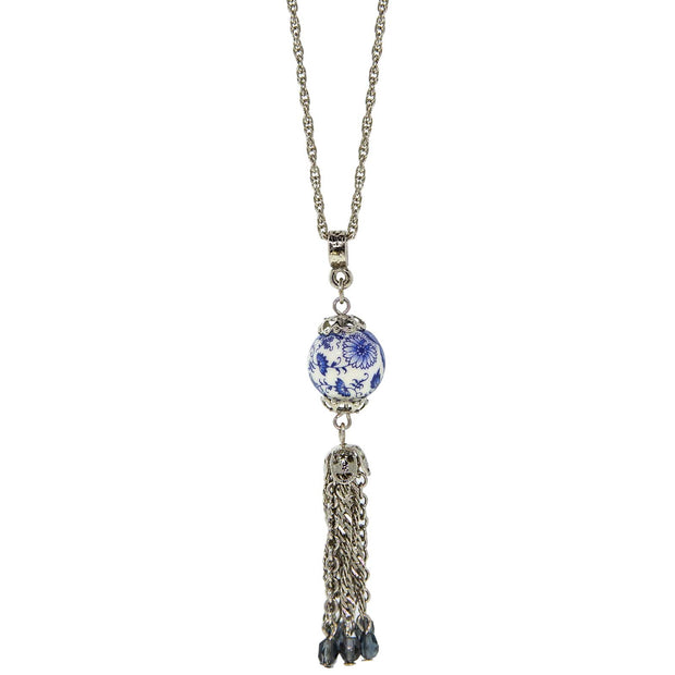 Silver Tone Round Blue Willow Bead With Tassel Drop Necklace 16 Inch