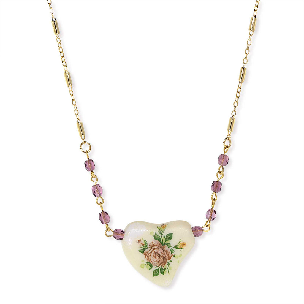 Gold Tone Purple Beaded White Heart With Pink Floral Decal Necklace 16   19 Inch Adjustable