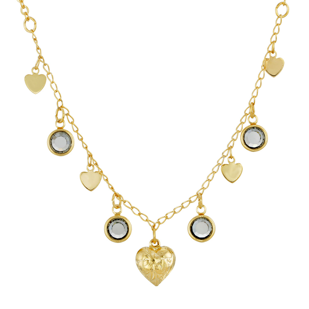 Gold Tone Diamond Channel Austrian Crystal Element Stones with Hearts Drop Necklace 16 - 19 Inch Adjustable