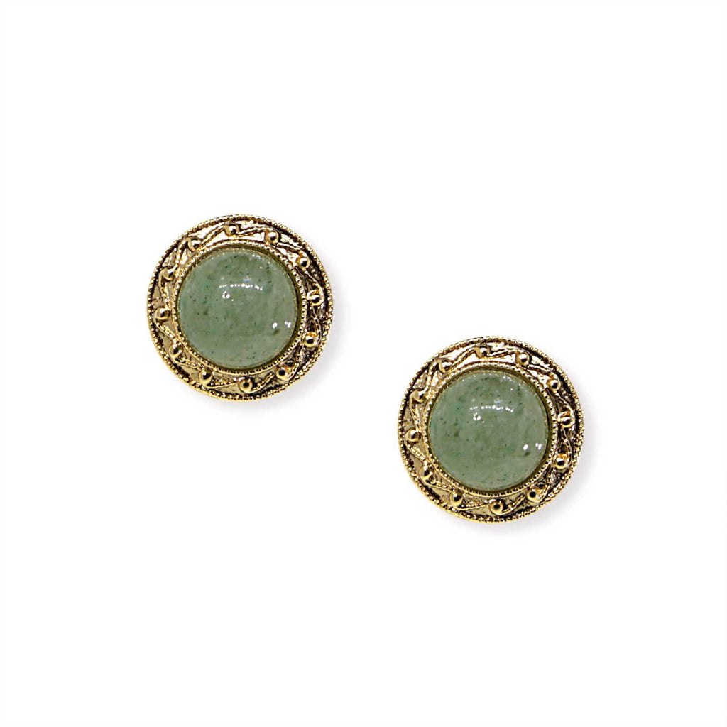 14K Gold Dipped Round Green Gemstone Aventurine Button Earrings