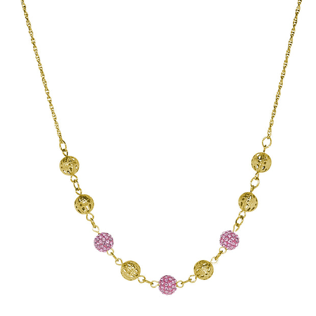 Gold Tone Round Balls With Pink Fireballs Necklace 16   19 Inch Adjustable