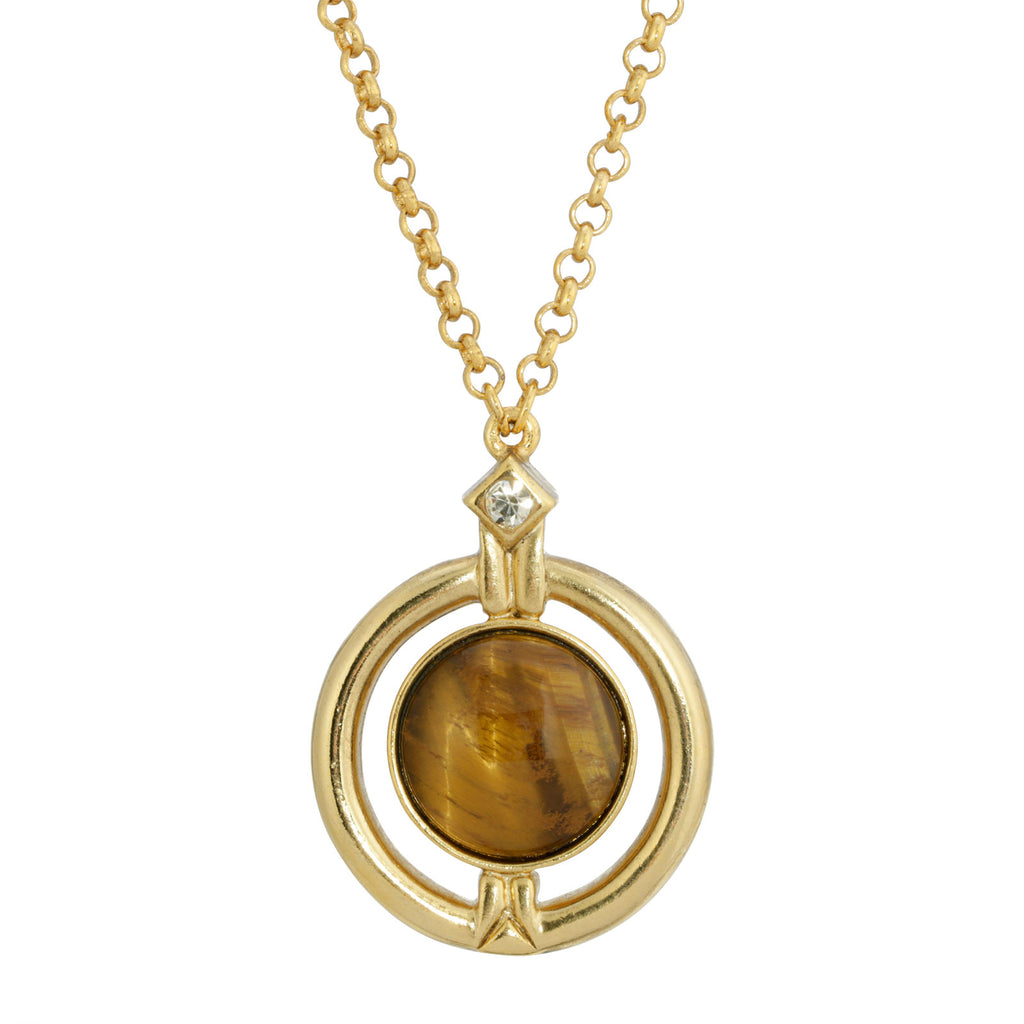 Tigers Eye Round Semi Precious Stone And Crystal Pendant Necklace 20   23 Inch Adjustable