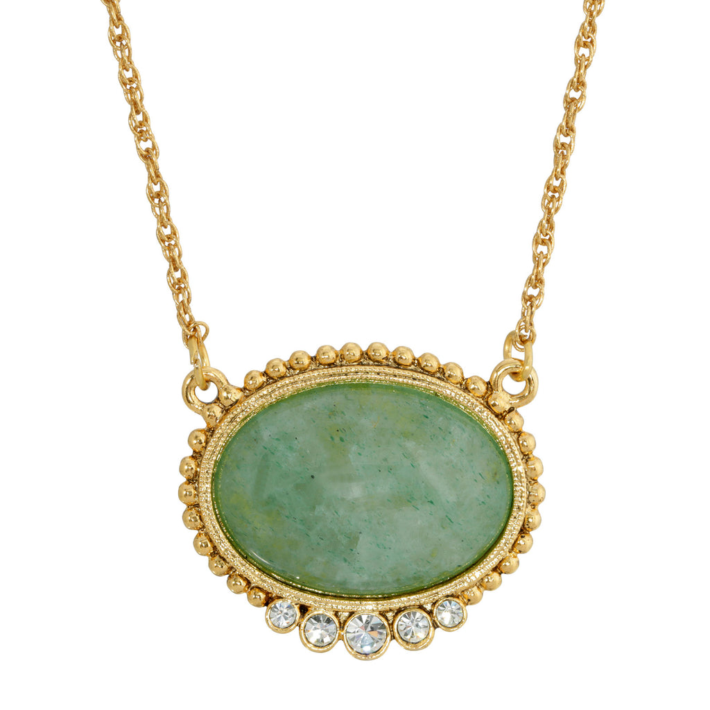 Green Aventurine Oval Semi Precious Stone With Crystals Pendant Necklace
