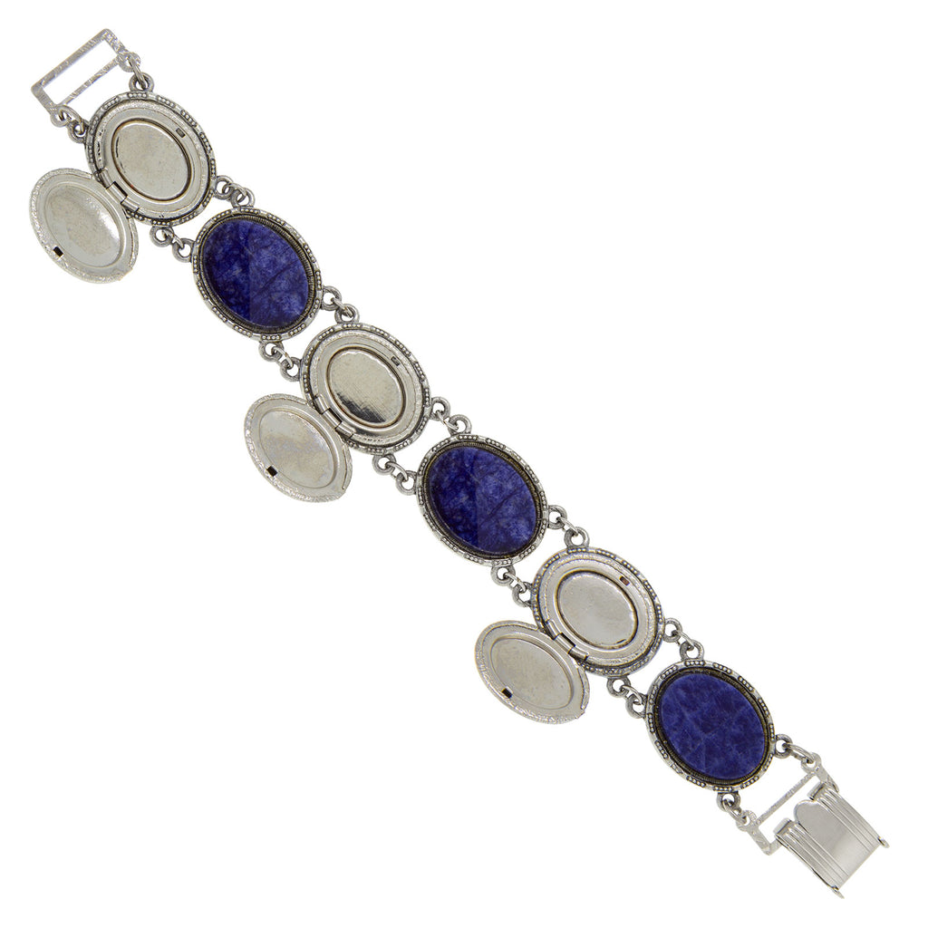 Open Oval Blue Semi Precious With Lockets Link Bracelet