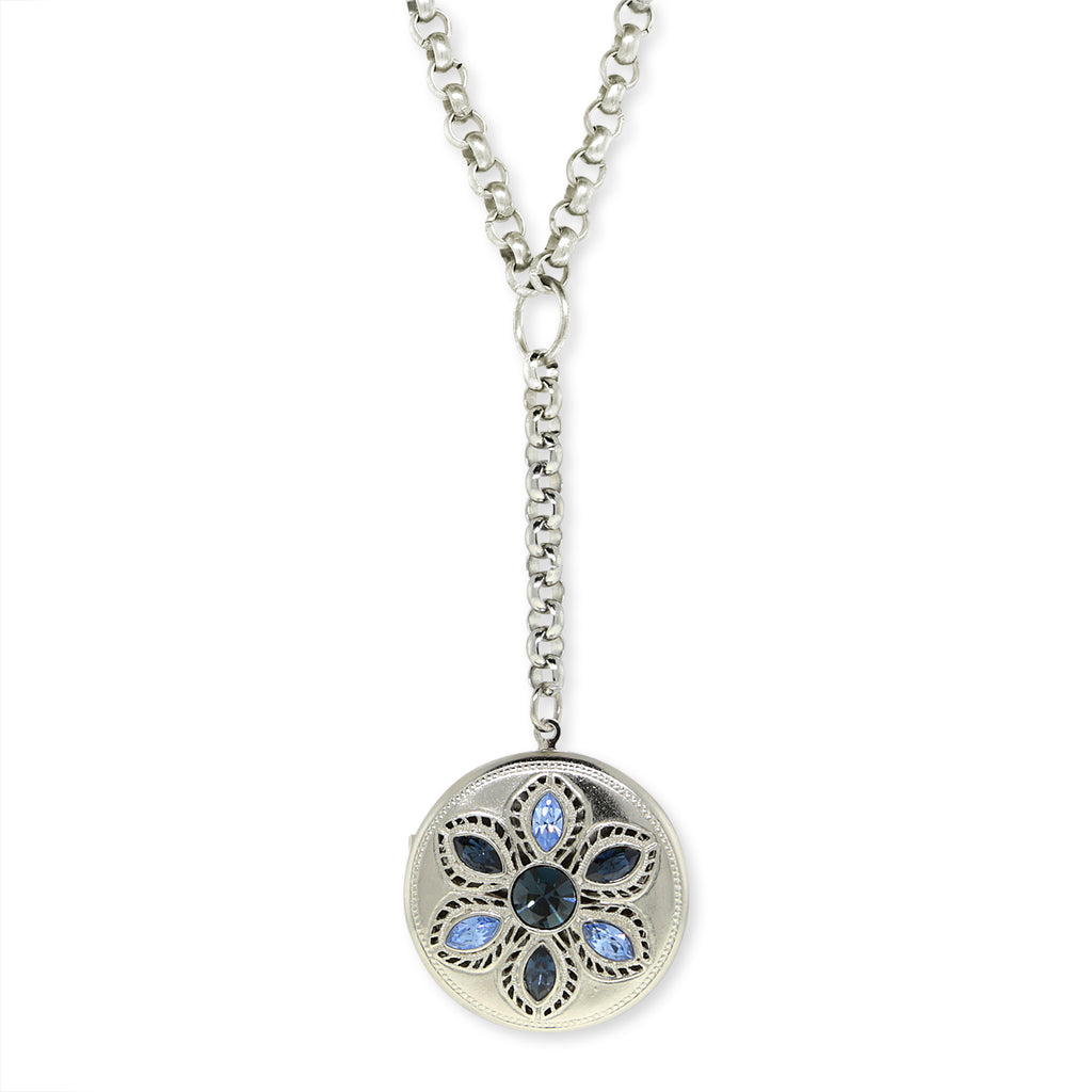 Crystal Flower Round Locket Necklace Blue