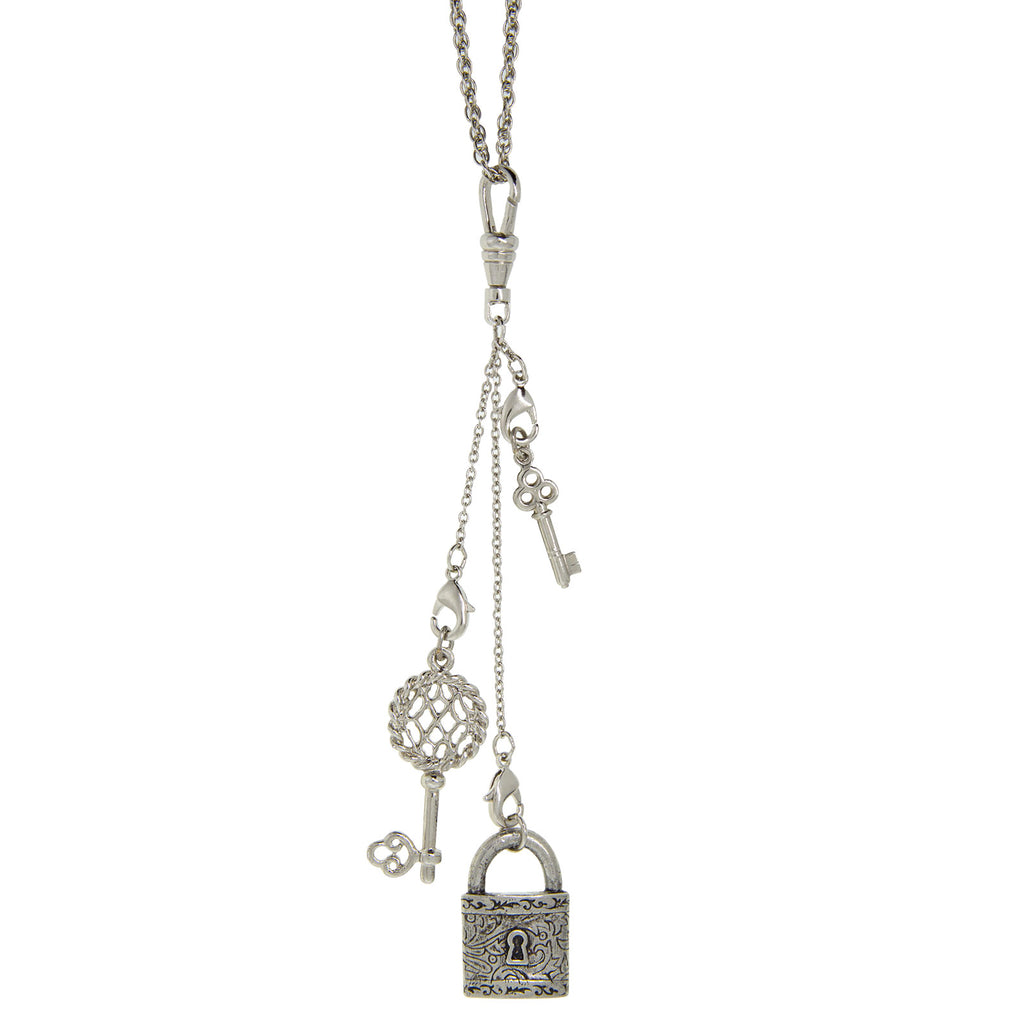 Silver Tone Multi Charm Key Lock Necklace