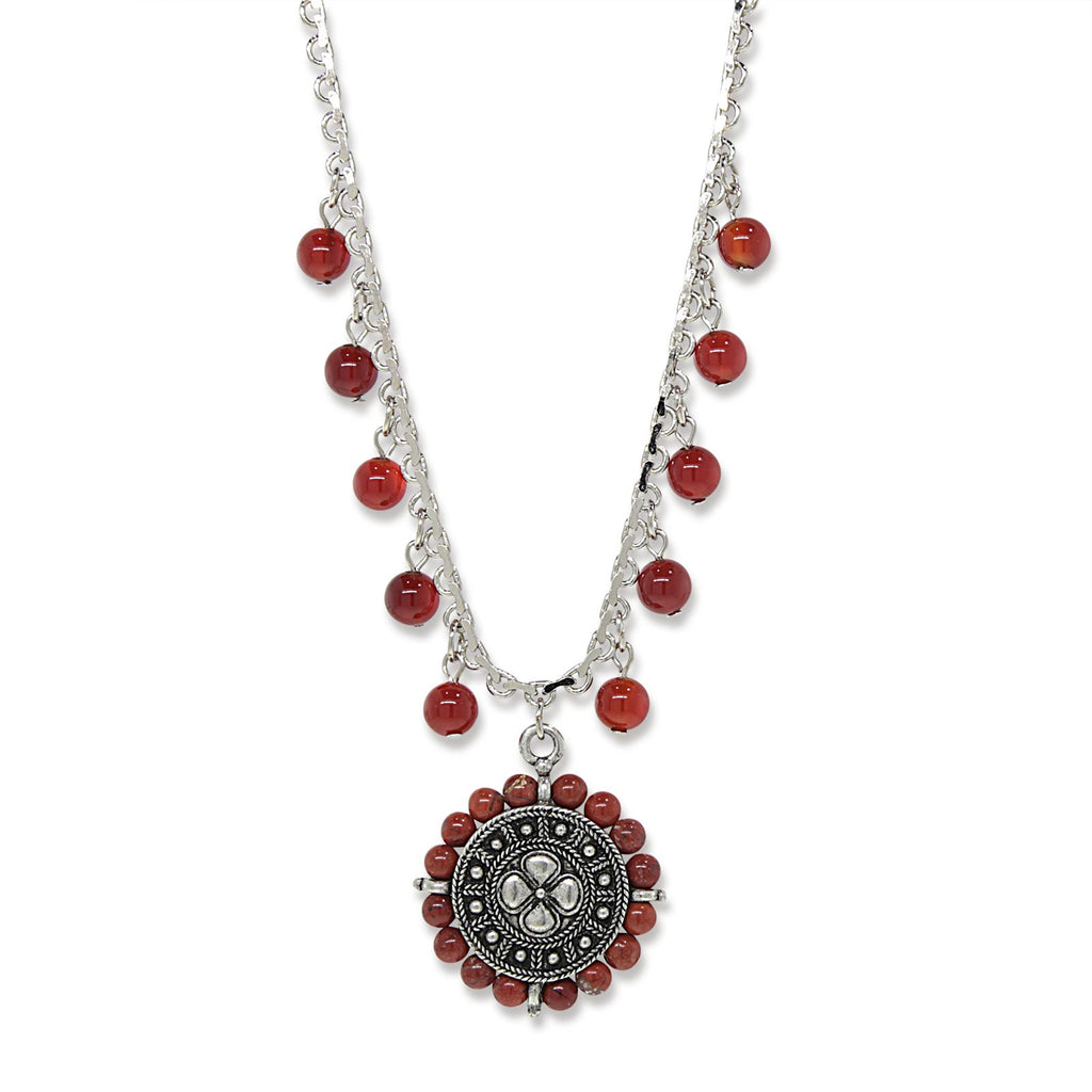 Antiqued Round Floral Disc With Red Gemstone Beads Necklace 15   18 Inch Adjustable