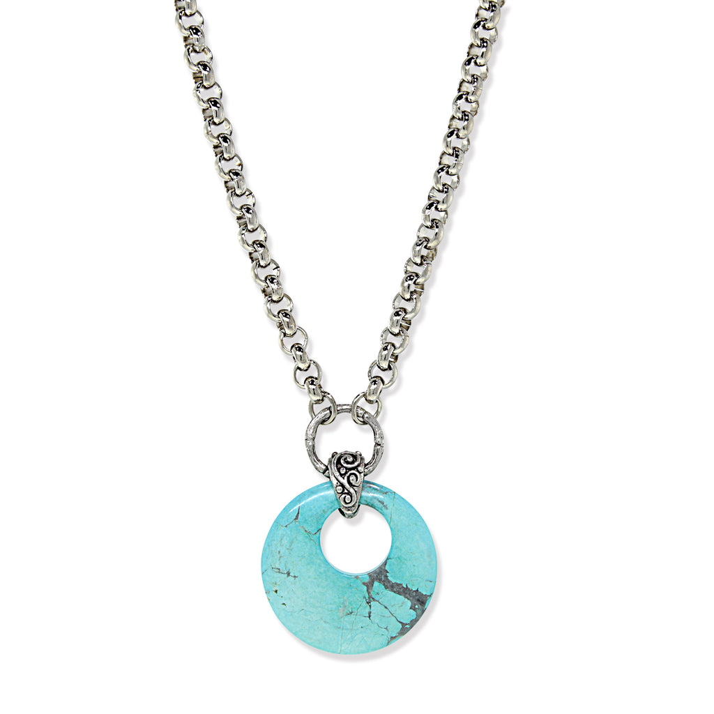 Silver Tone Gemstone Round Hoop Necklace 18 Light Blue