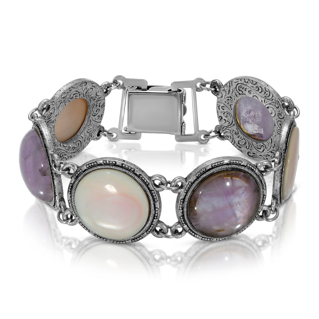 Round Genuine Purple Amethyst Gemstone Link Bracelet