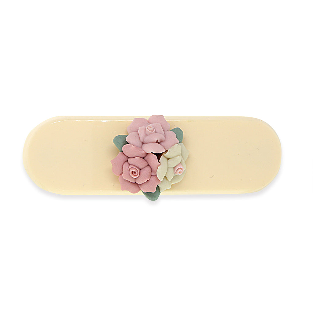 Ivory Color With Pink Porcelain Cluster Flowers Small Barrette