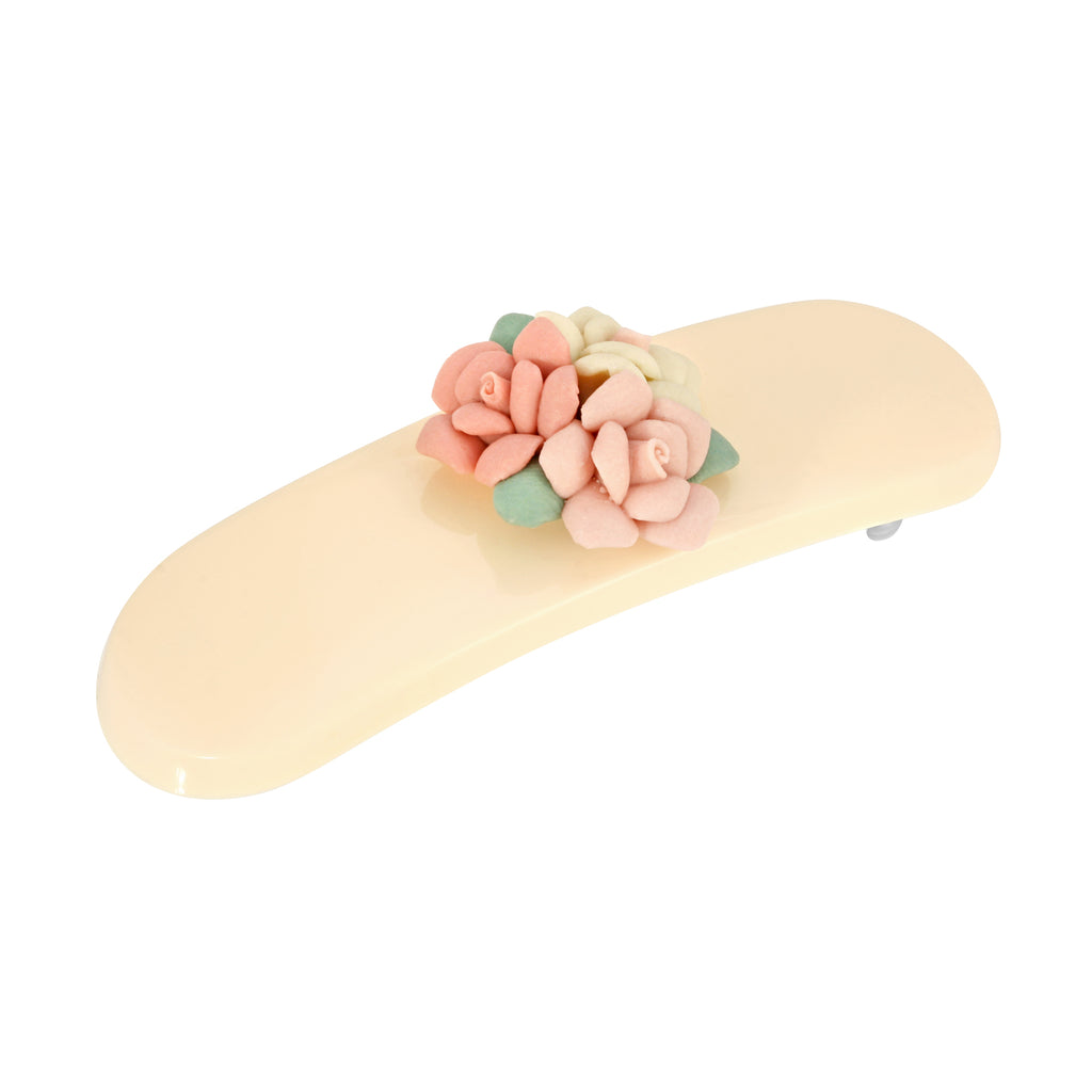 Ivory Color With Pink Porcelain Cluster Flowers Small Hair Barrette