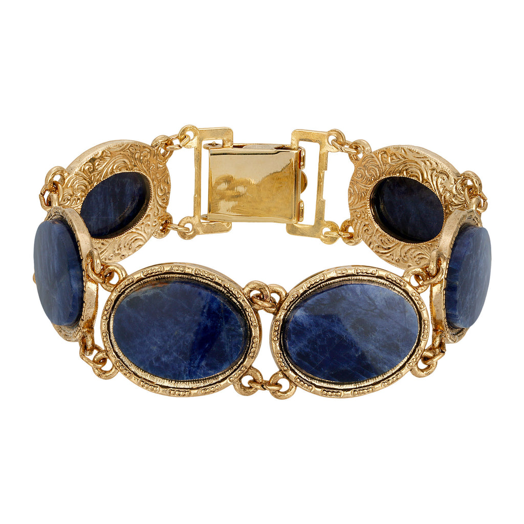 Blue Sodalite Oval Semi Precious Gemstone Link Bracelet