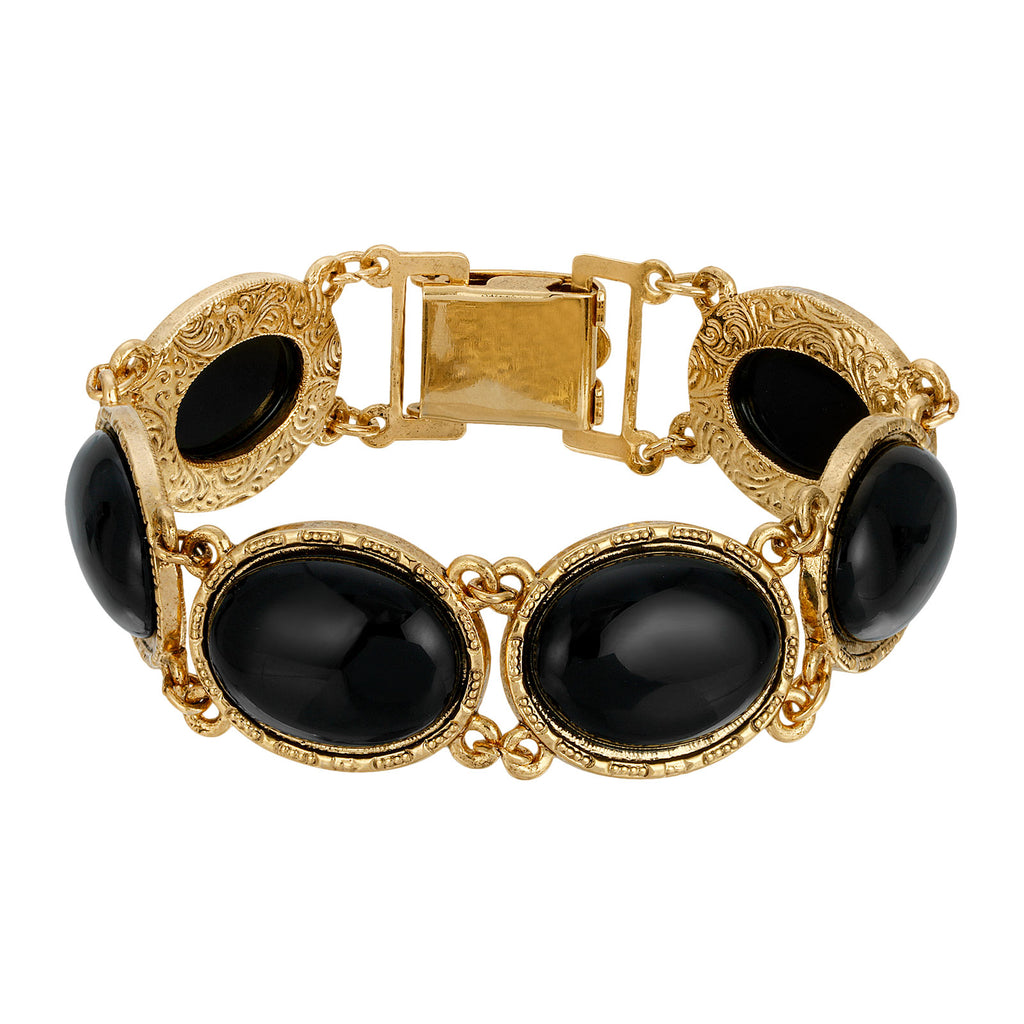 Black Onyx Oval Semi Precious Gemstone Link Bracelet