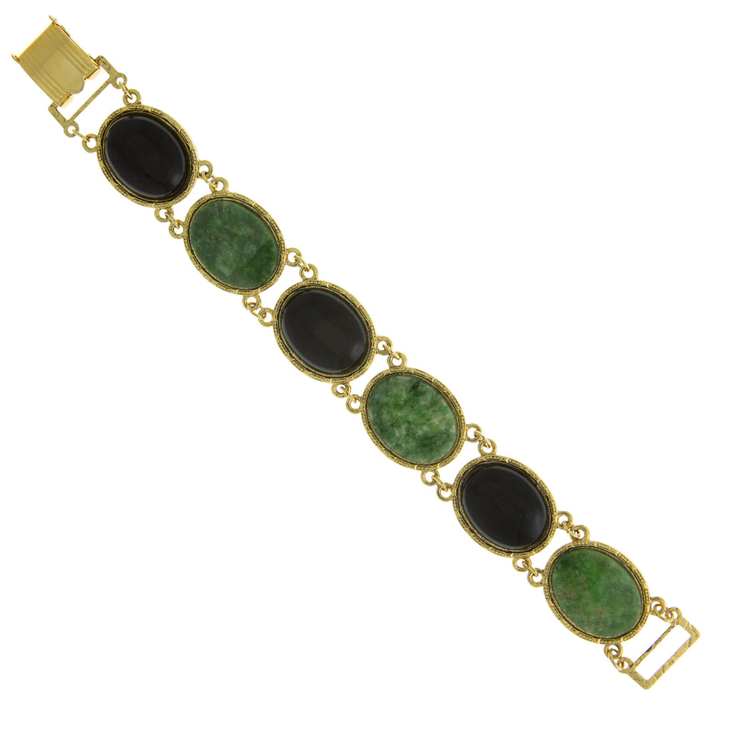 Jade And Black Onyx Oval Semi Precious Gemstone Link Bracelet