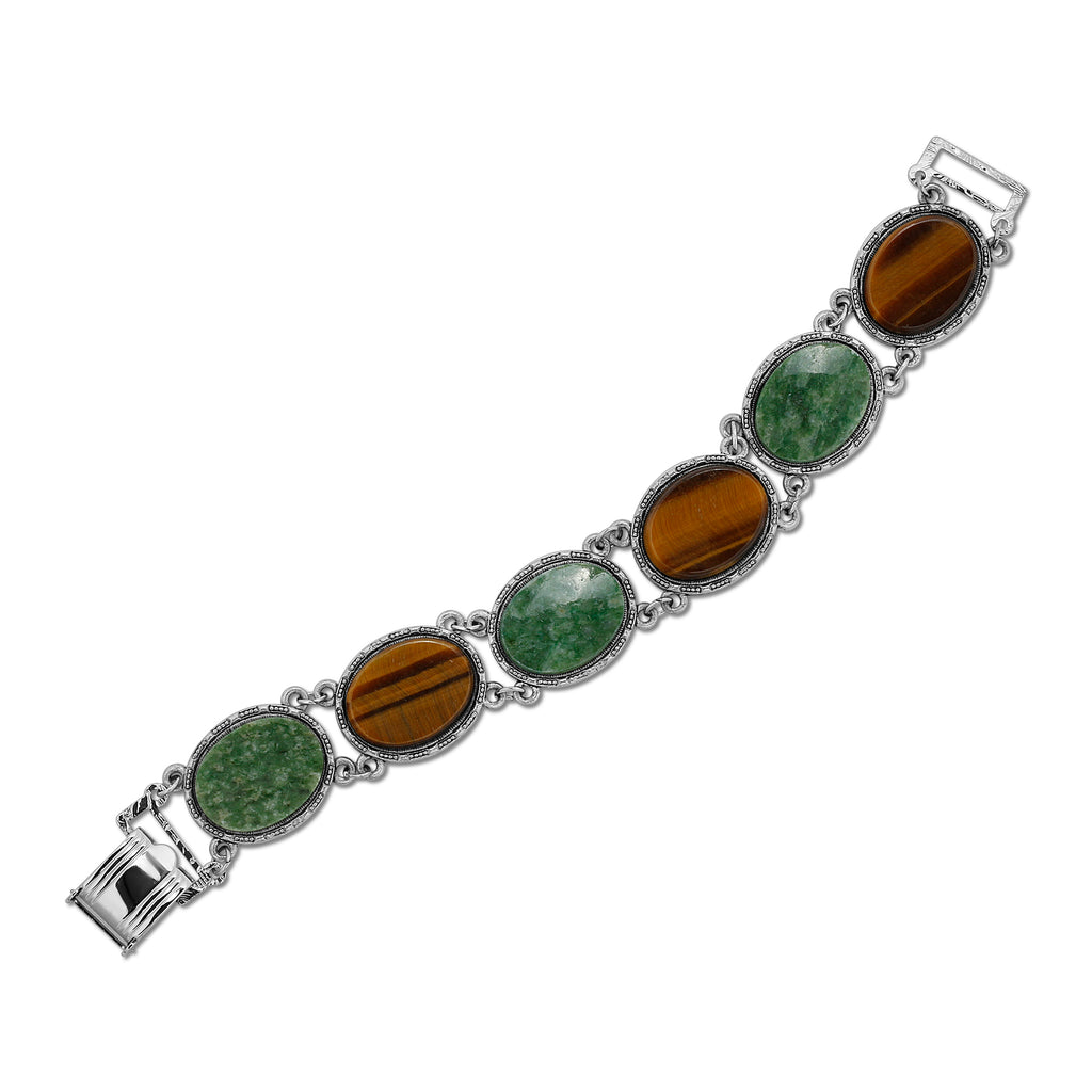 1928 jewelry oval tigers eye jade gemstone link bracelet
