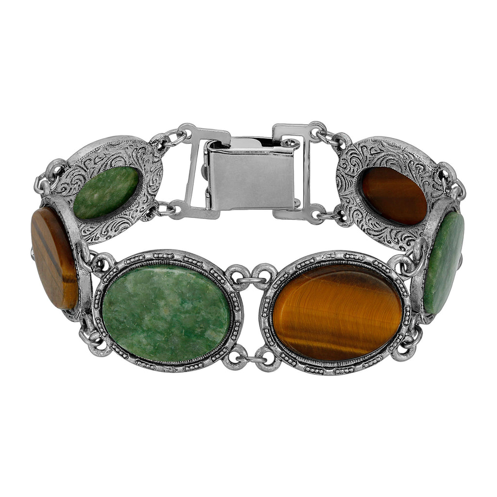 Oval Tigers Eye & Jade Gemstone Link Bracelet