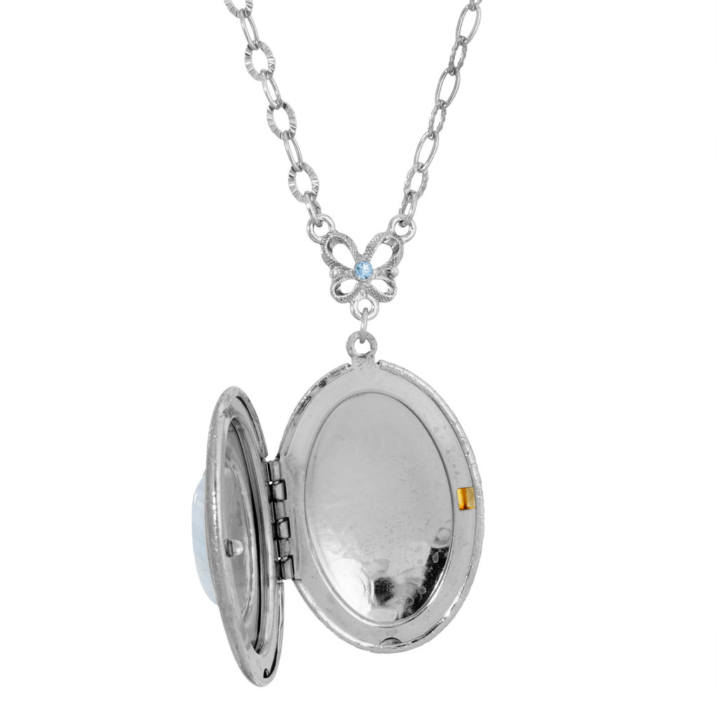 Silver Tone Blue Semi Precious Oval Stone Locket Necklace