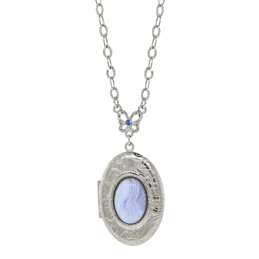 Oval Blue Lace Agate Gemstone Locket Necklace 26"