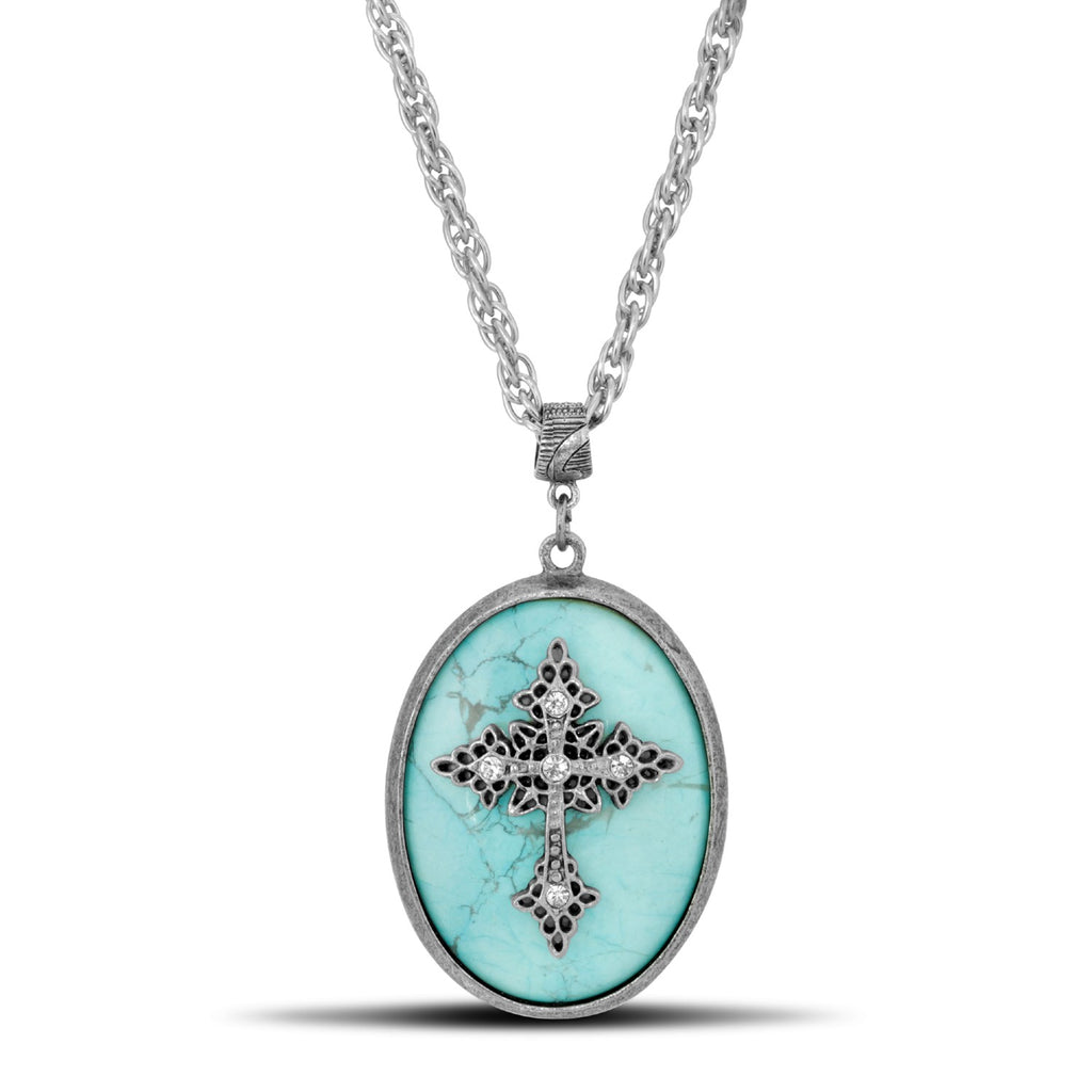Oval Genuine Turquoise Cross Pendant Link Chain Necklace 18 - 21 Inch Adjustable