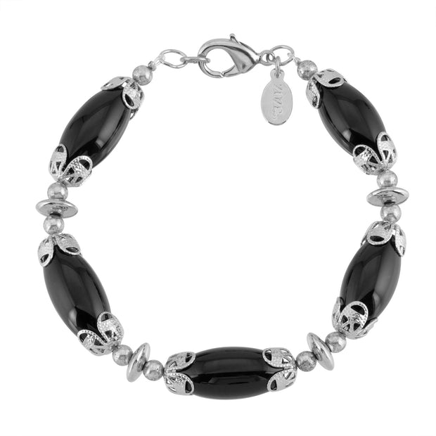 Black Onyx Barrell Semi Precious Gemstone Bead Bracelet