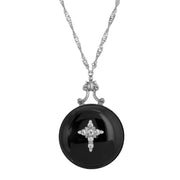 Silver Tone Black Semi Precious Round Stone Crystal Cross Necklace
