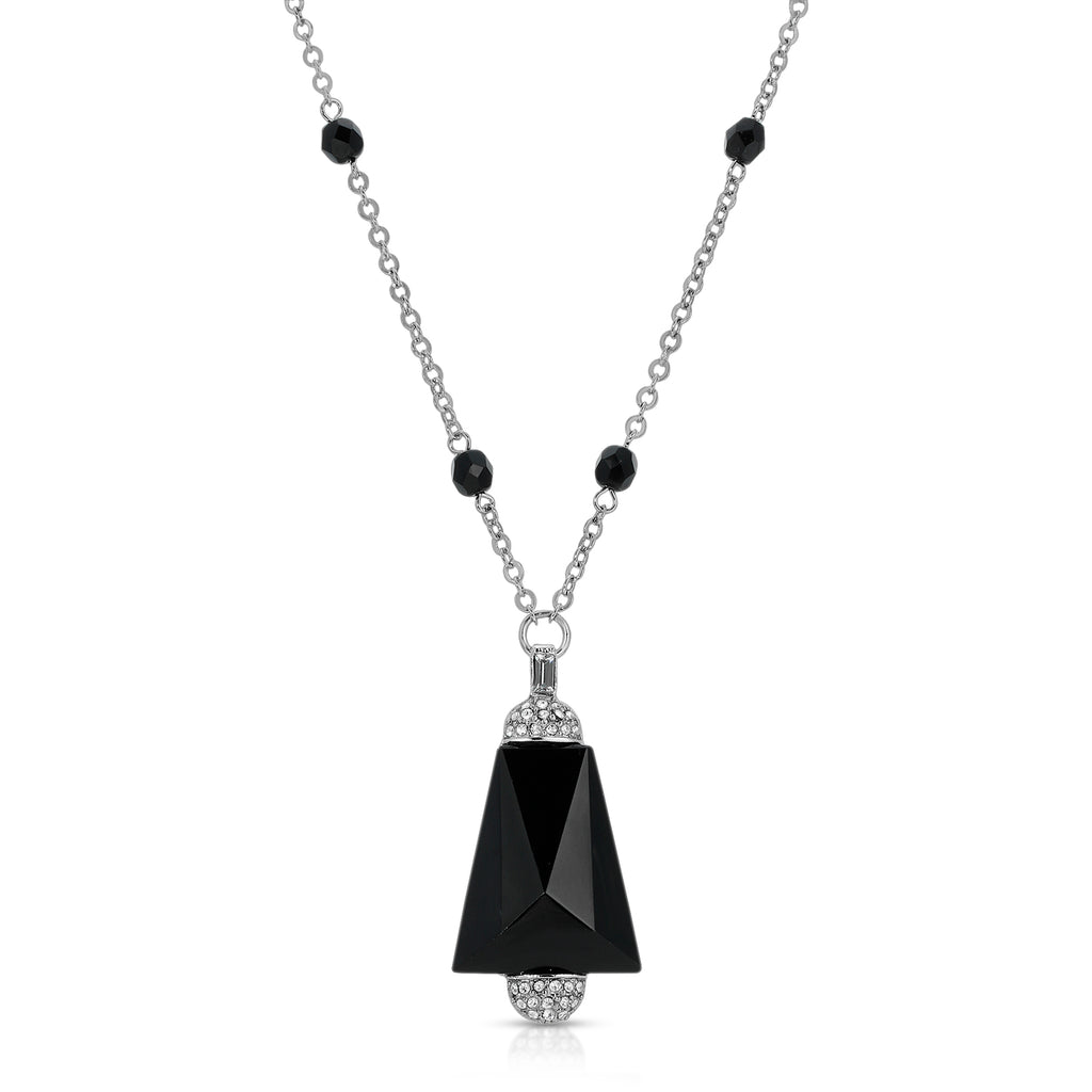 Triangular Black Glass Stone Crystal Accent Pendant Necklace 20 Inches