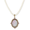 1928 Jewelry Crystal Oval Glass Intaglio 8mm Faux Pearl Strand Pendant Necklace 18