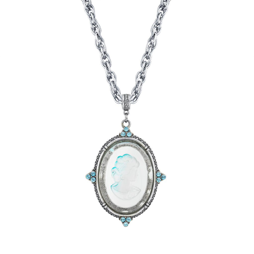 Silver Tone Glass Oval Intaglio Cameo With Crystal Accents Pendant Necklace 30