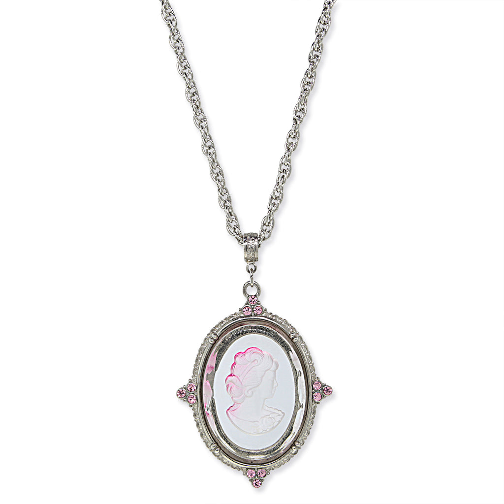 Oval Frosted Glass Cameo Crystal Pendant Necklace 30 Inches