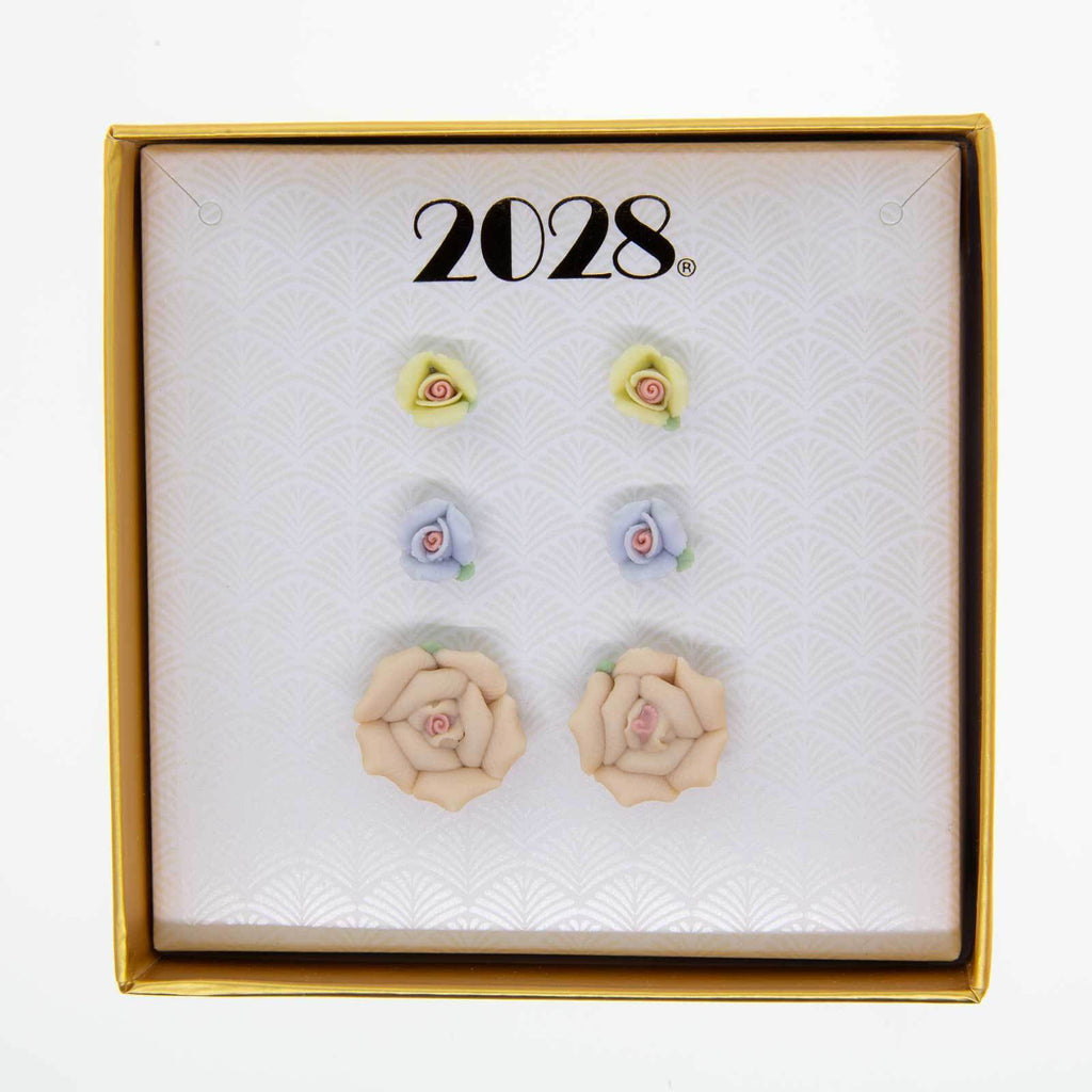 3Pc Porcelain Rose In A Box Earring Set