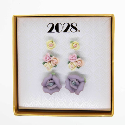 3Pc Porcelain Rose In A Box Earring Set