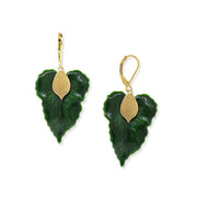 Gold Tone Green Enamel Leaf Lever Back Earrings