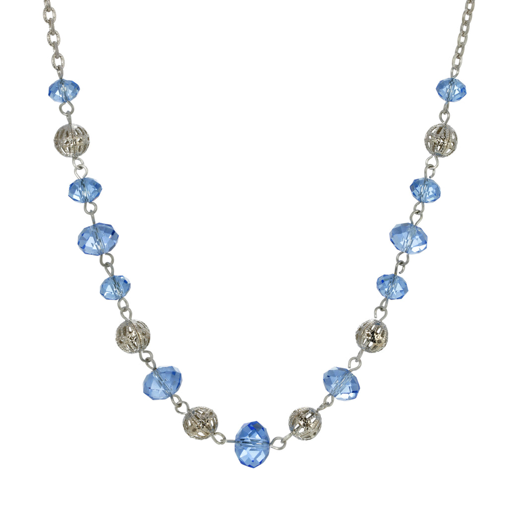 Filigree Puff Bead Blue Crystal Chain Necklace 18"