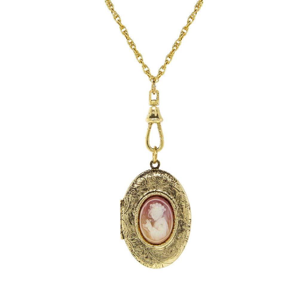Gold Tone Oval Carnelian Cameo Locket Necklace 28 Inch