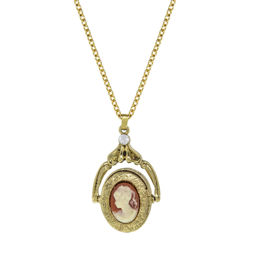 Gold Tone Carnelian Cameo Double Locket Spinner Necklace 28