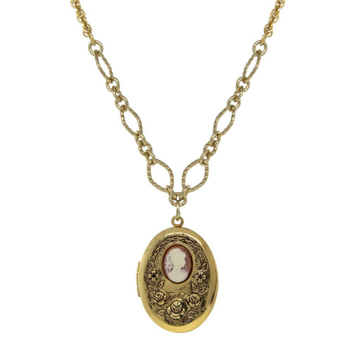 1928 Jewelry Carnelian Cameo With Flowers Oval Locket Necklace 16