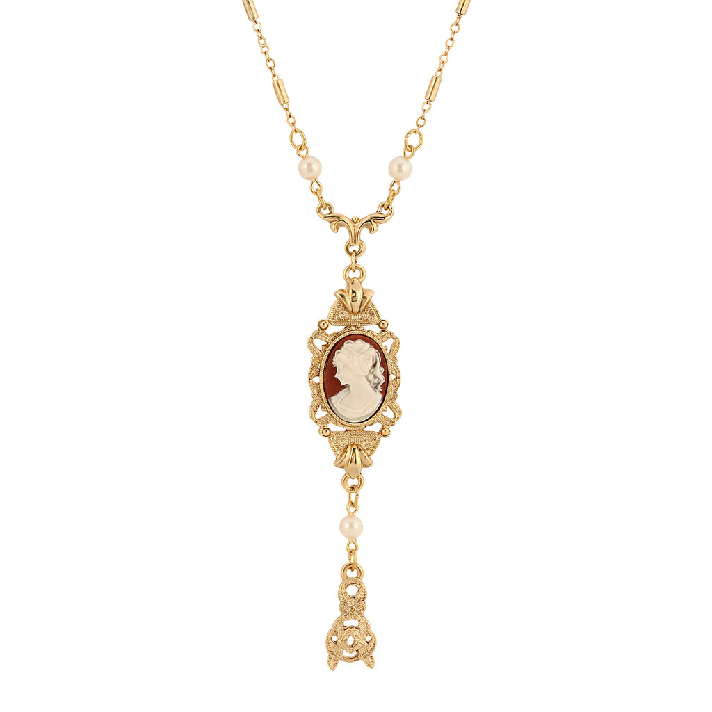 Frances Cameo Pendant Faux Pearl & Leaf Drop 24 Inch Necklace