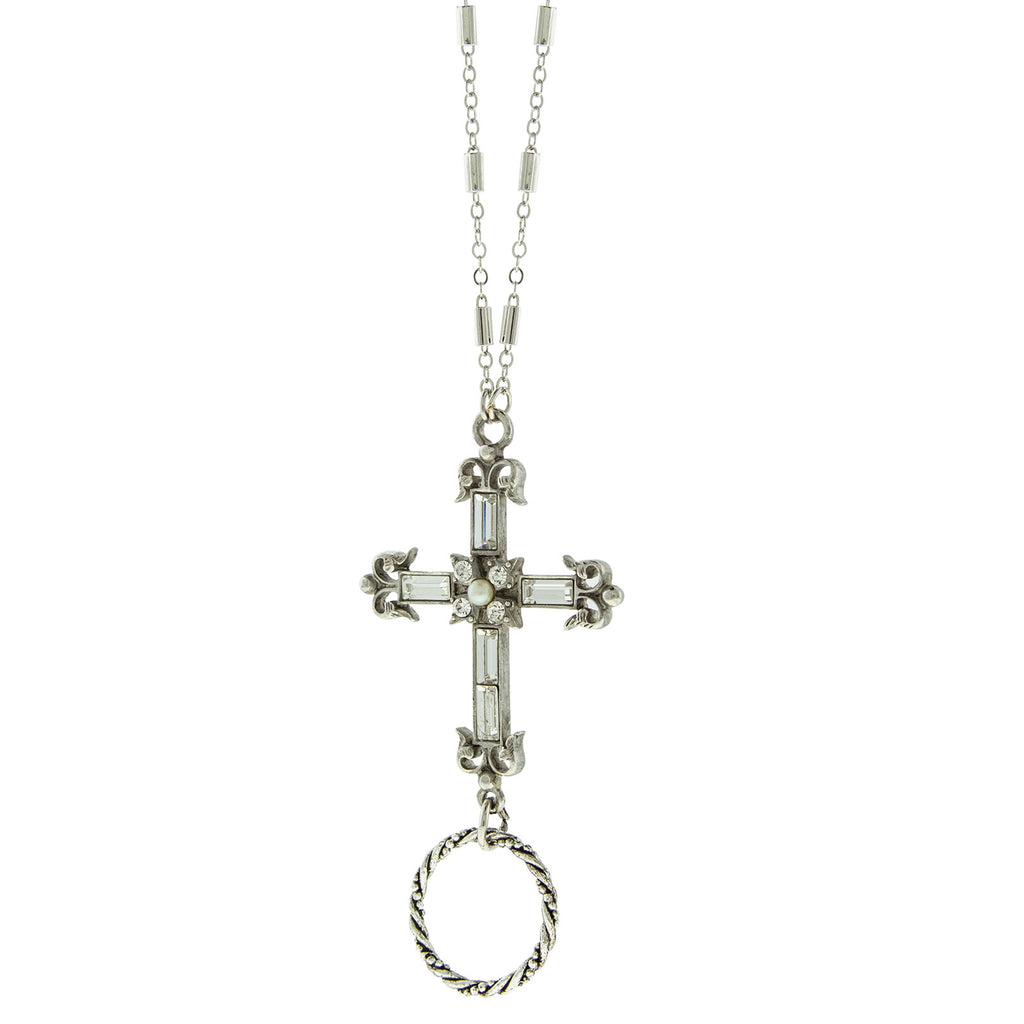 Silver Tone Crystal Cross Eyeglass/Badge Holder Necklace 28 In.
