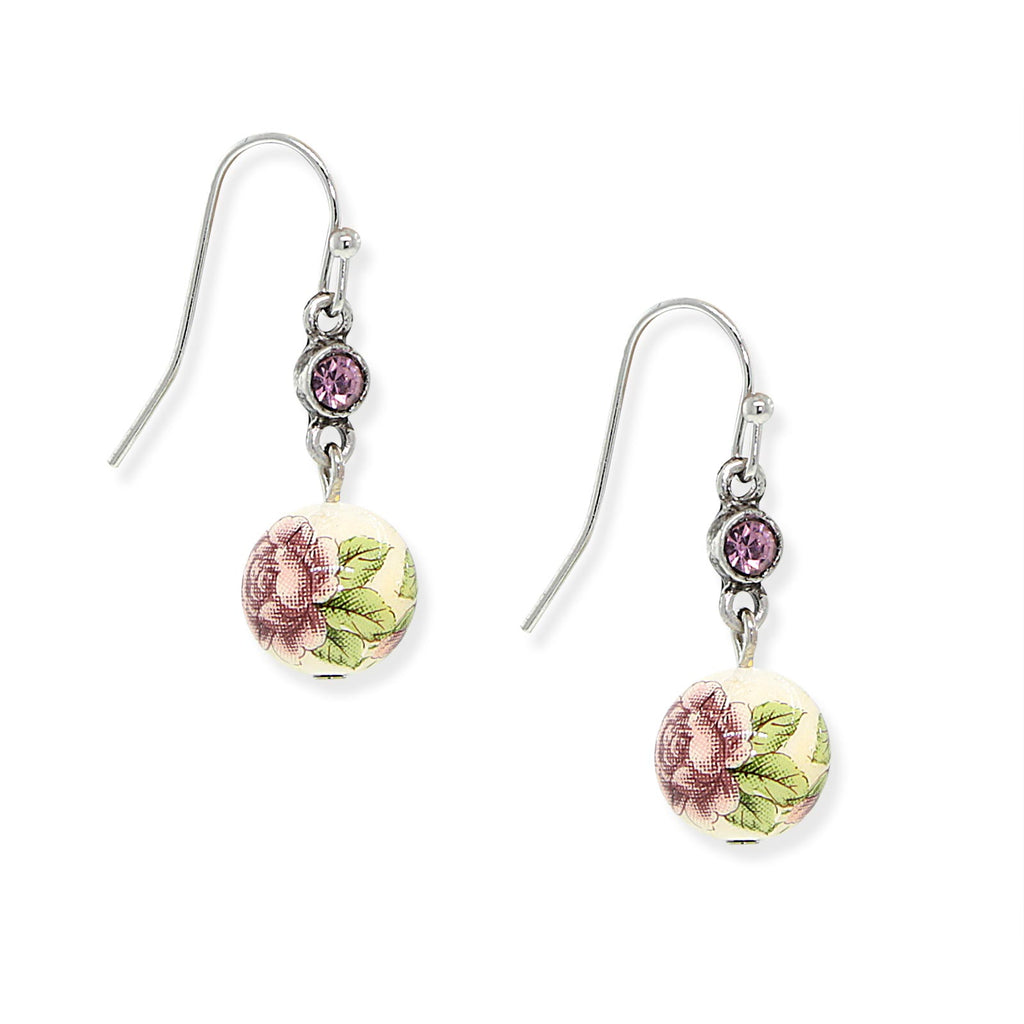 Silver Tone Purple Crystal Flower Drop Earrings