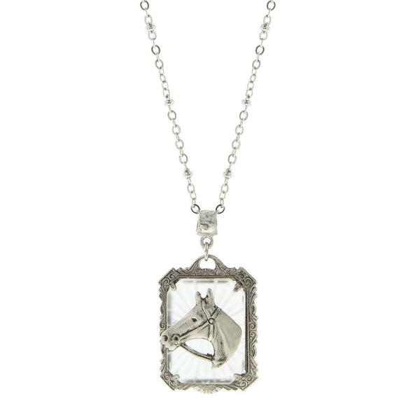 Lalique Rectangle Glass Horse Head Pendant Necklace 24"
