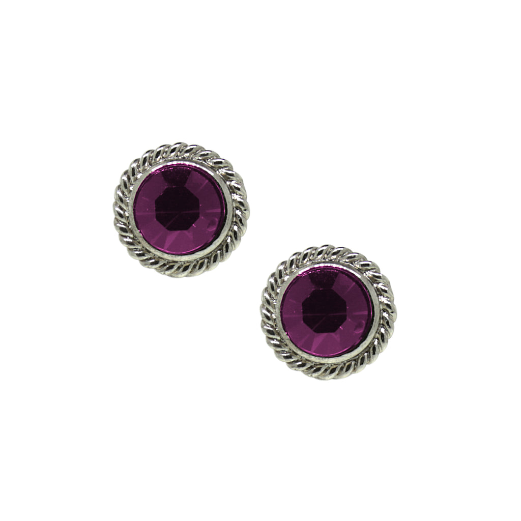 Silver Tone Purple Round Button Stud Earrings